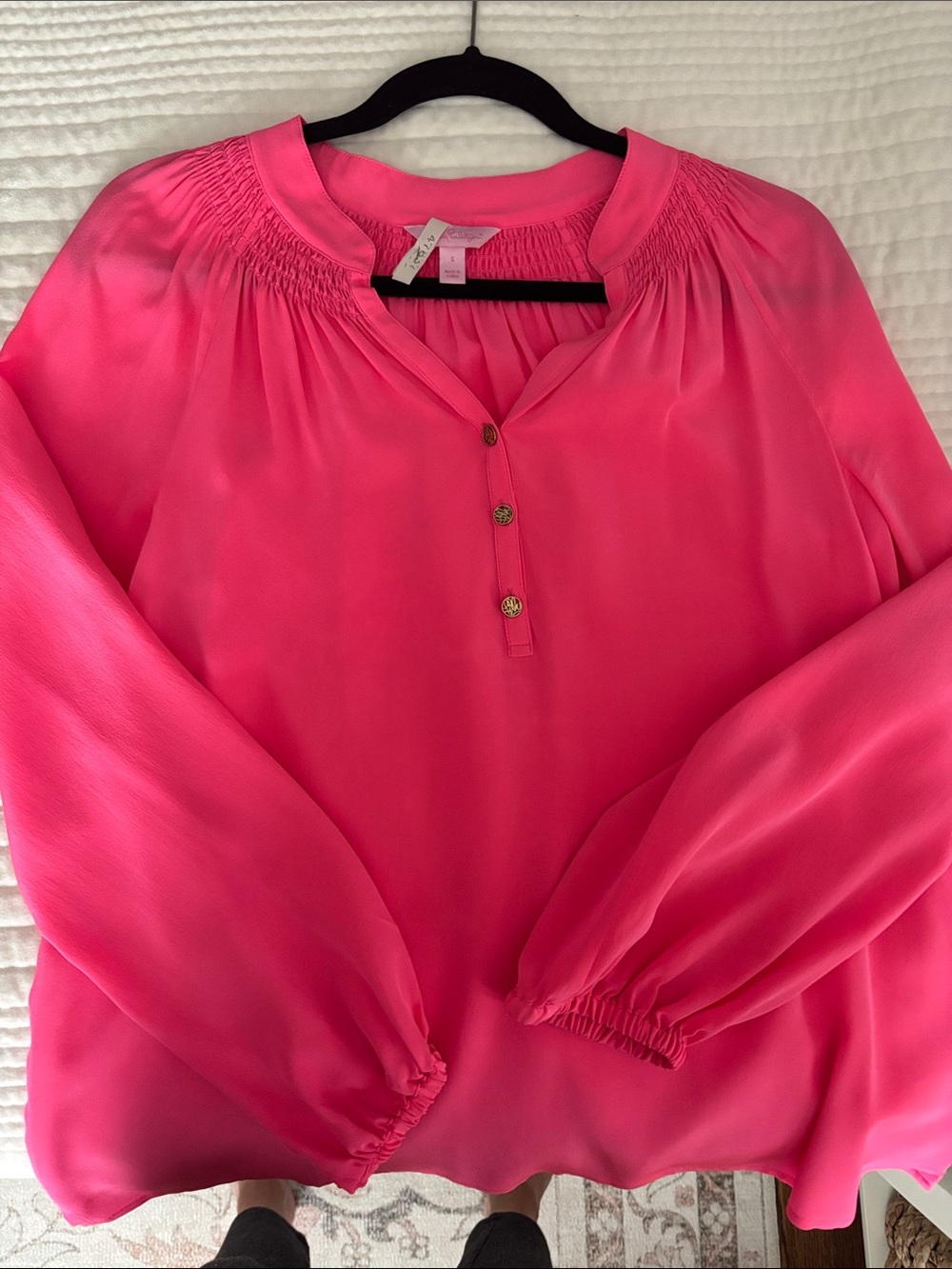 Lilly Pulitzer Bright Hot Pink Smocked Yoke Henley Blouse